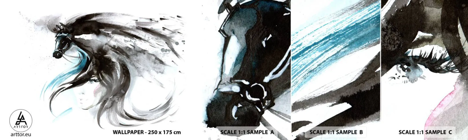 Fotobehang Monster Zelfklevend Deluxe Sticker - Galop van de Zwarte Prins  - Dieren, Paard, Grafisch - 100x30 cm