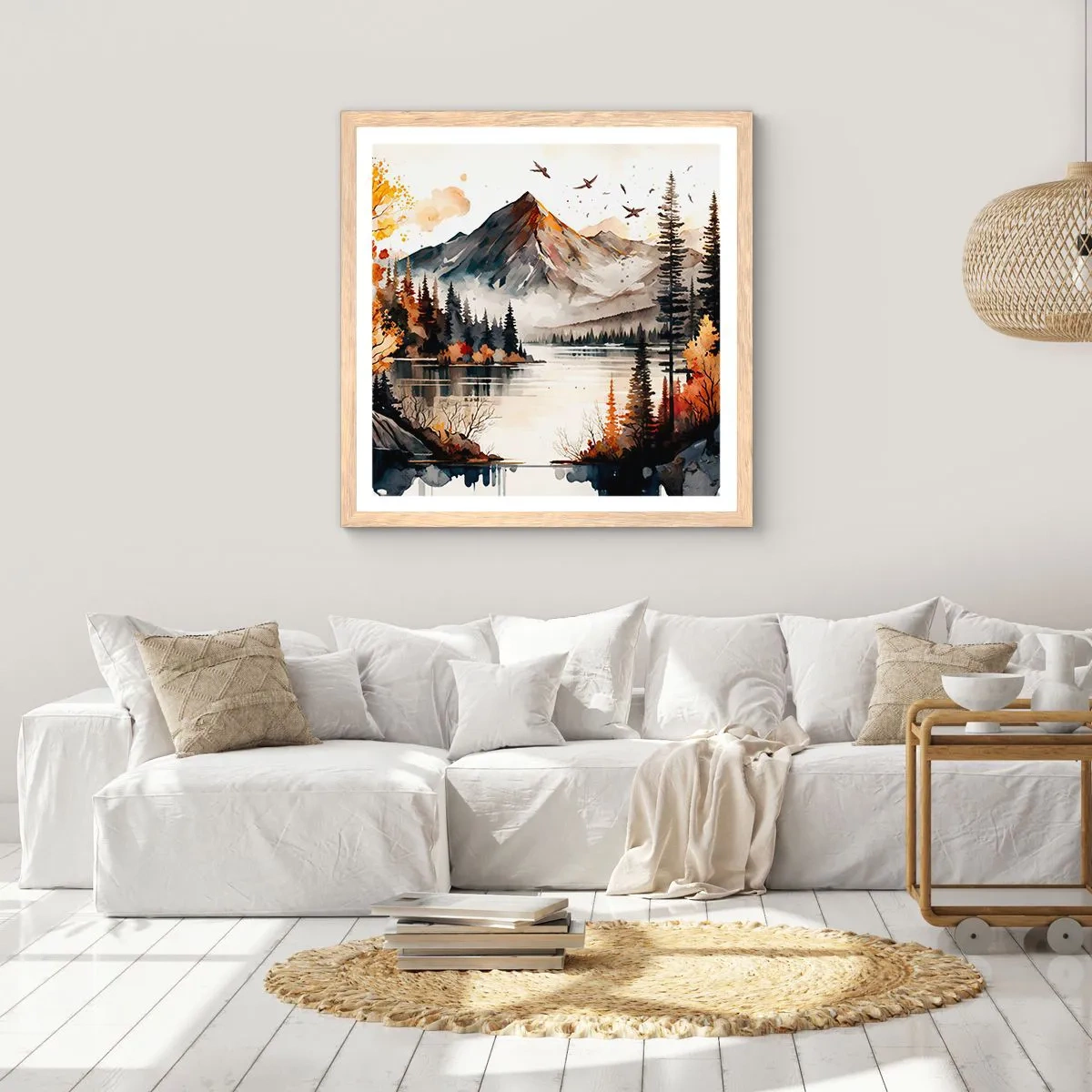 Een poster in een licht eiken lijst - Gouden herfst in de bergen - 60x60 cm