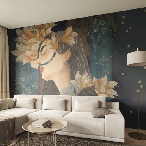 Fotobehang Premium Canvas - Een sprookje over een prinses met lelies - Abstractie, Vrouw, Bloemen - 450x315 cm