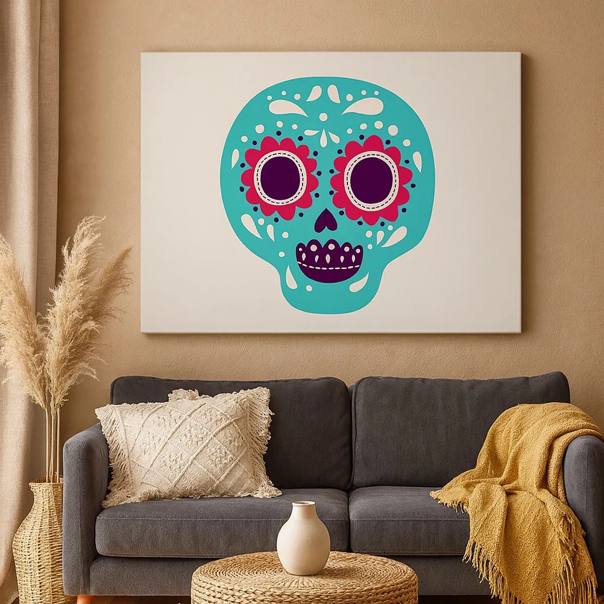Schilderen op canvas - Een turquoise en paarse suikerschedel geïnspireerd op de Mexicaanse cultuur - 70x50cm - Leven – plezier tot de dood - Moderne wanddecoratie voor woonkamer en slaapkamer ARTTOR