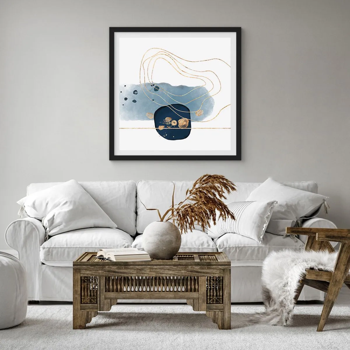 Poster in een zwarte lijst - Blauw en goud fantasie - 30x30 cm