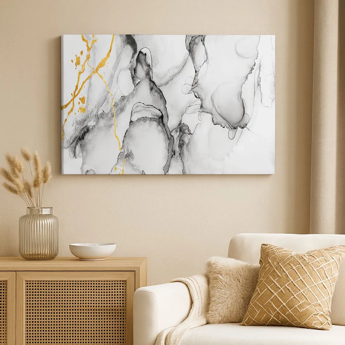 Schilderen op canvas - Abstracte zwart-witte patronen met gouden accenten - 70x50cm - Compositie met een gouden motief - Moderne wanddecoratie voor woonkamer en slaapkamer ARTTOR