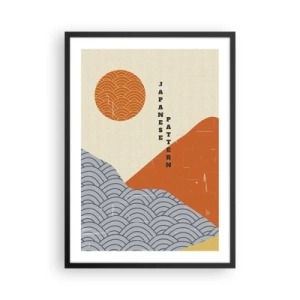 Poster in een zwarte lijst - Minimalistisch Japans patroon met golven en zon - 50x70cm - In de Japanse spirit - Moderne wanddecoratie voor woonkamer en slaapkamer ARTTOR