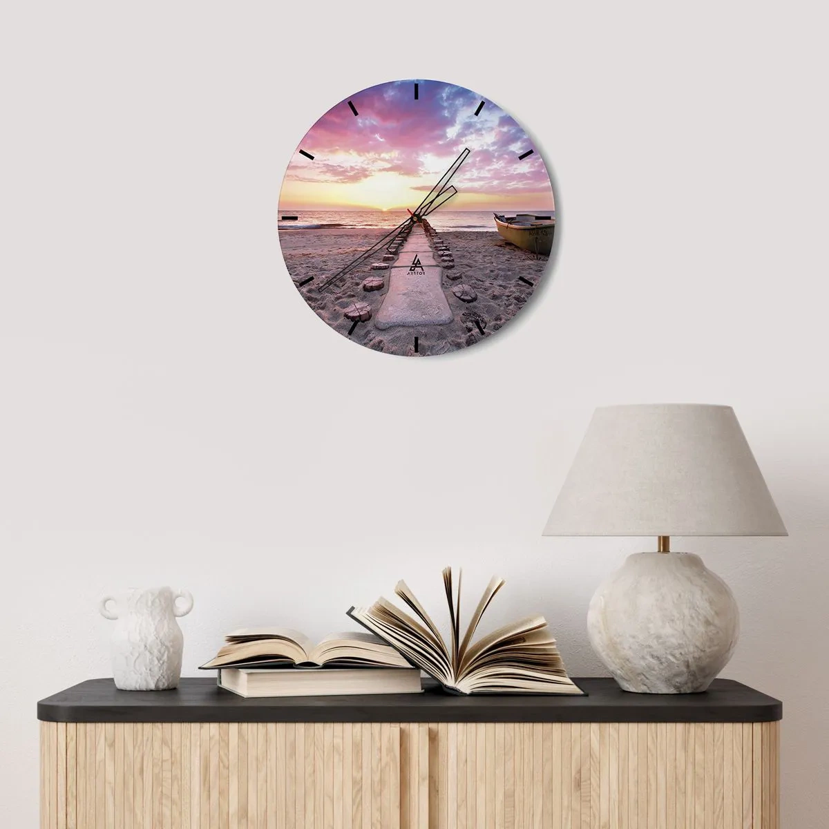 Wandklok - Klok - Strandpad dat naar de zonsondergang leidt - 30x30cm - Een moment van diepe ervaring - Moderne wanddecoratie voor woonkamer, keuken en slaapkamer ARTTOR