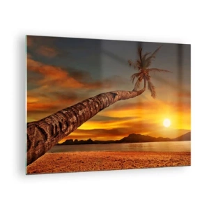Schilderen op glas - Palmboom op een tropisch strand bij zonsondergang - 70x50cm - Exotische vakantie, Caribisch avontuur - Moderne wanddecoratie voor woonkamer en slaapkamer ARTTOR