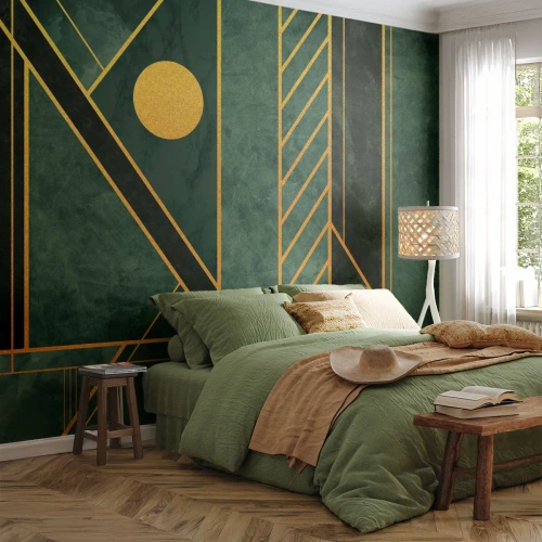 Fotobehang Standard Eco - Groene geometrie met gouden elementen in Art Deco-stijl - 100x70cm - Dynamiek van goud en azuur - Moderne wanddecoratie voor woonkamer en slaapkamer ARTTOR