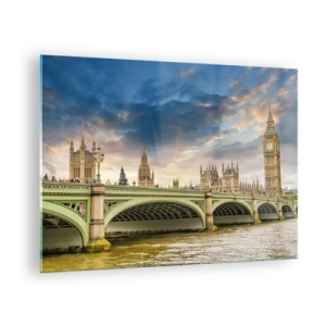 Schilderen op glas - Big Ben en Westminster Bridge bij zonsondergang - 70x50cm - De tijd stond stil in het rijk - Moderne wanddecoratie voor woonkamer en slaapkamer ARTTOR