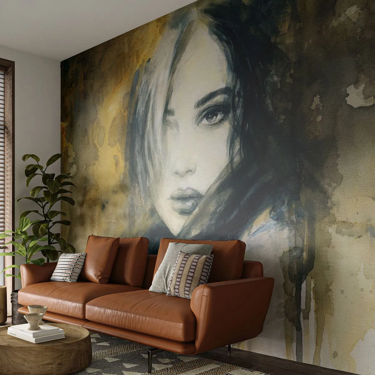 Fotobehang Premium Sand - onschuldiger of sensueler? - Portret van een vrouw, Het gezicht van de vrouw, Grafisch - 400x280 cm