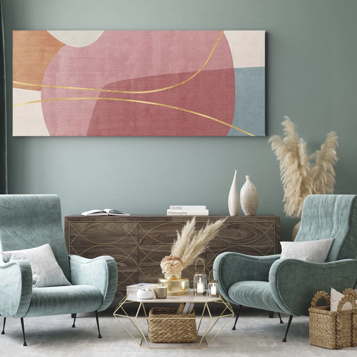 Schilderen op canvas - Pastelkleurcompositie met gouddraad - 160x50 cm