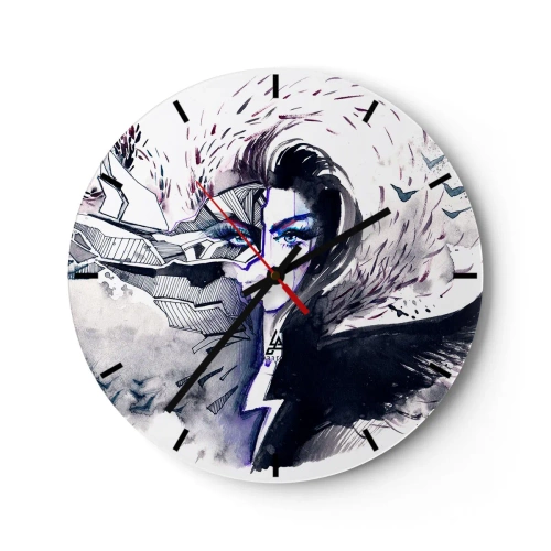 Wandklok - Klok - Abstract portret van een vrouw met een demon en bliksemmotief - 30x30cm - Demonisch en mooi - Moderne wanddecoratie voor woonkamer, keuken en slaapkamer ARTTOR