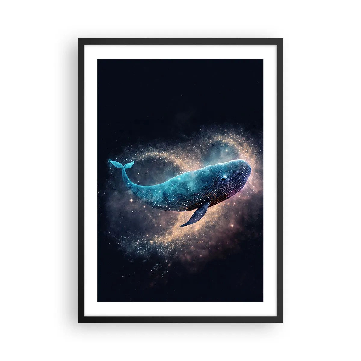 Poster in een zwarte lijst - Een ruimtewalvis omgeven door een sternevel op een zwarte achtergrond. - 50x70cm - Er is zo’n wereld… - Moderne wanddecoratie voor woonkamer en slaapkamer ARTTOR