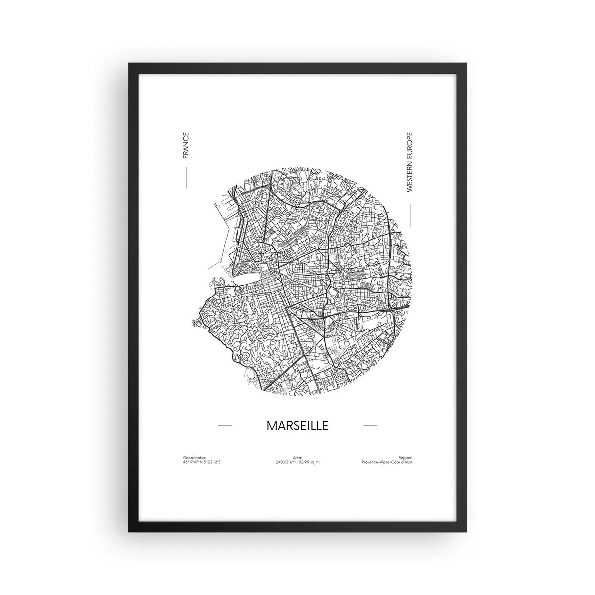 Poster in een zwarte lijst - Minimalistische kaart van Marseille in een cirkel - 50x70cm - Anatomie van Marseille - Moderne wanddecoratie voor woonkamer en slaapkamer ARTTOR