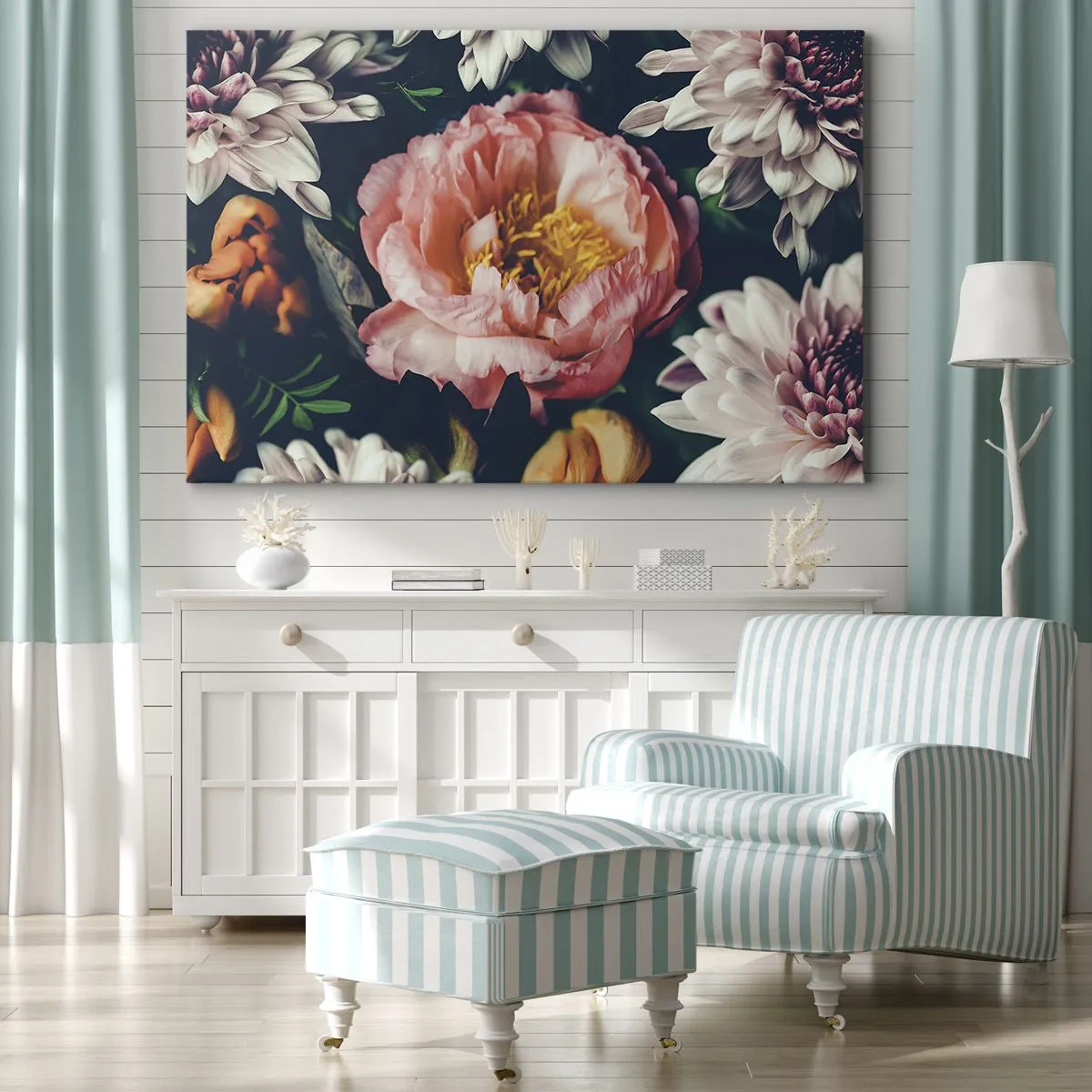 Schilderen op canvas - Bloemstuk met pioenrozen en chrysanten op een donkere achtergrond - 70x50cm - Met barokke pracht - Moderne wanddecoratie voor woonkamer en slaapkamer ARTTOR