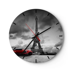 Wandklok - Klok - De Eiffeltoren met een rode retro-auto - 30x30cm - Nog niet zo lang geleden in Parijs - Moderne wanddecoratie voor woonkamer, keuken en slaapkamer ARTTOR
