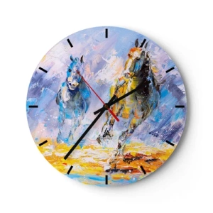 Wandklok - Klok - Twee paarden in een dynamische ren tegen een kleurrijke achtergrond - 30x30cm - Galopperen door de schittering - Moderne wanddecoratie voor woonkamer, keuken en slaapkamer ARTTOR