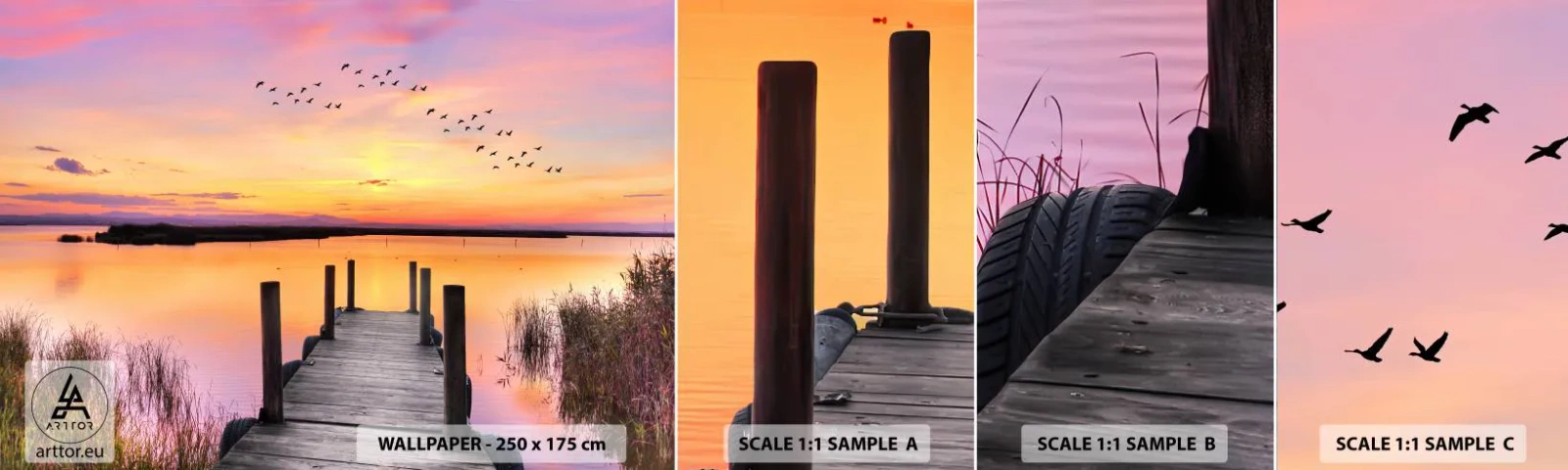 Fotobehang Monster Zelfklevend Deluxe Sticker - Violet stille dageraad - Landschap, Meer, Natuur - 100x30 cm