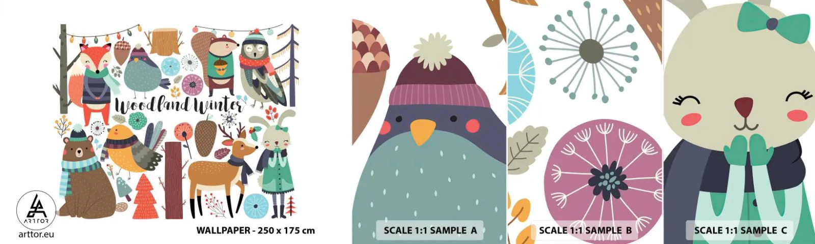 Fotobehang Staaltje Standard Eco - Sprookjesvakantie in het bos - Voor kinderen, De winter in het bos, Dieren - 100x30 cm