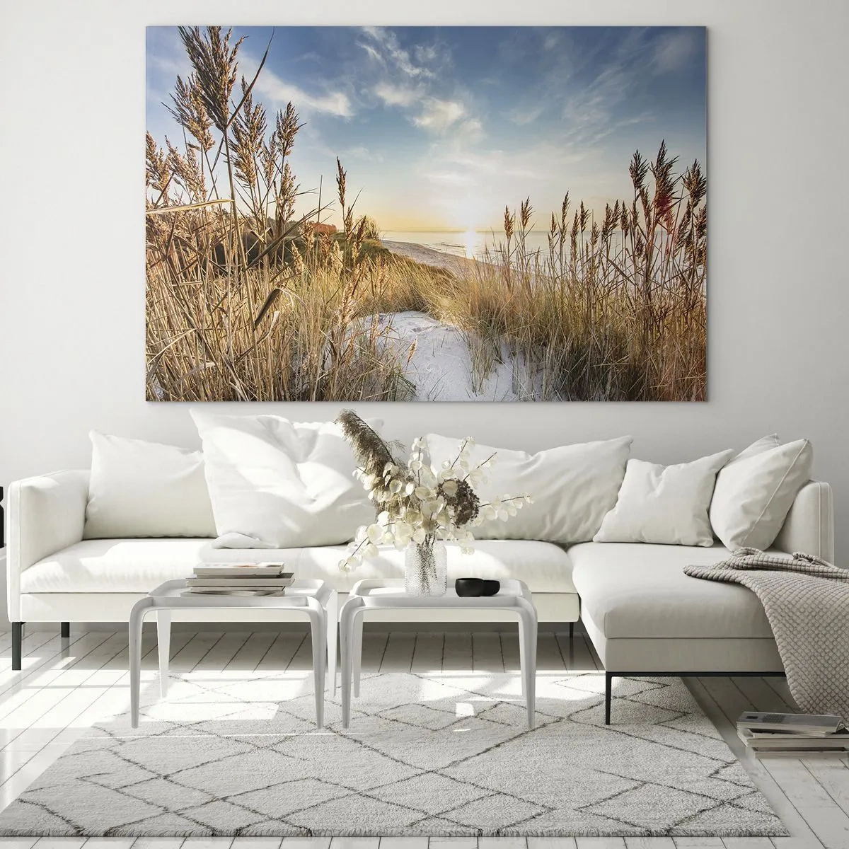 Schilderen op glas - Zonsondergang over een strand met met gras bedekte duinen - 70x50cm - Noord strand - Moderne wanddecoratie voor woonkamer en slaapkamer ARTTOR
