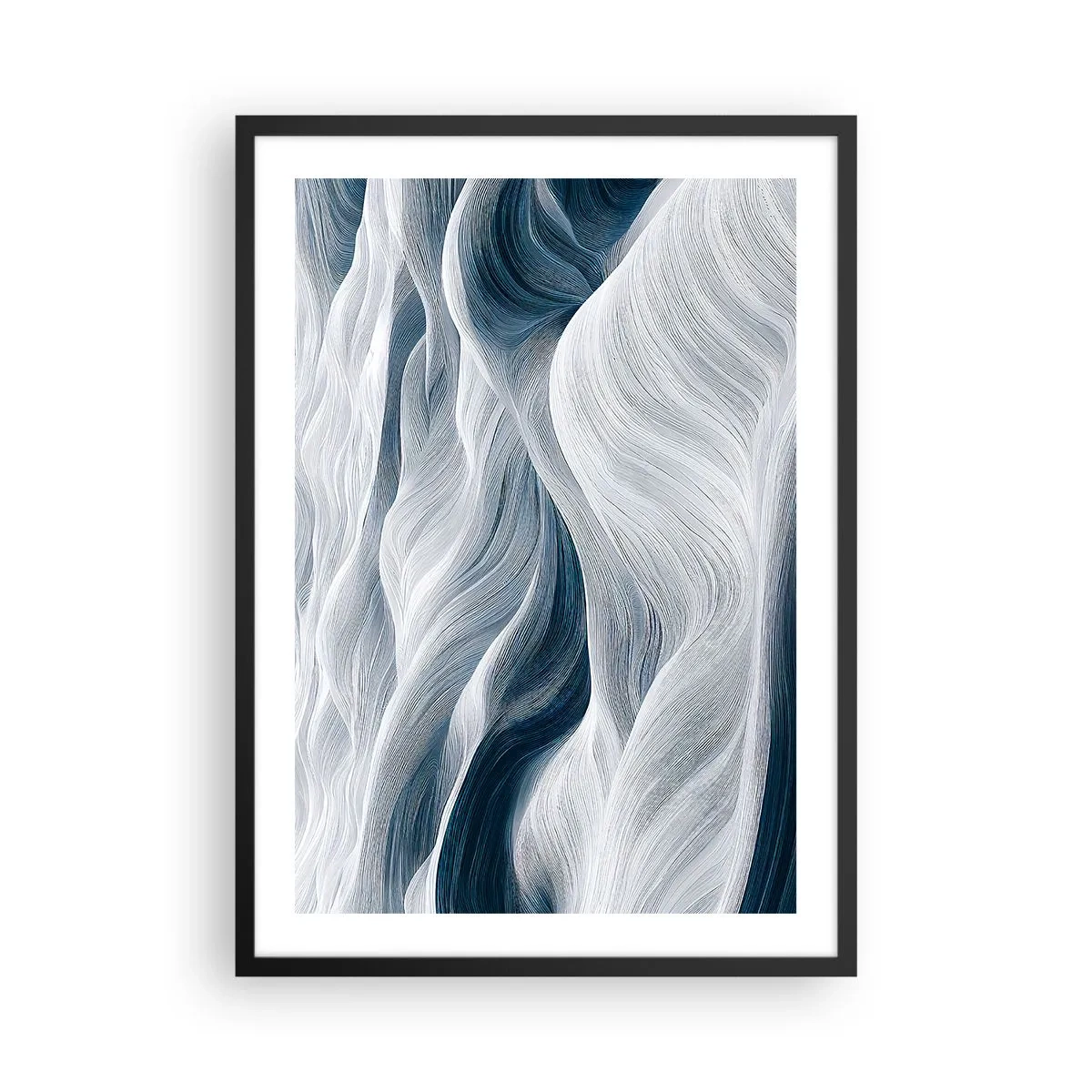 Poster in een zwarte lijst - Abstracte golven in tinten wit en marineblauw - 50x70cm - Witte en blauwe golven - Moderne wanddecoratie voor woonkamer en slaapkamer ARTTOR