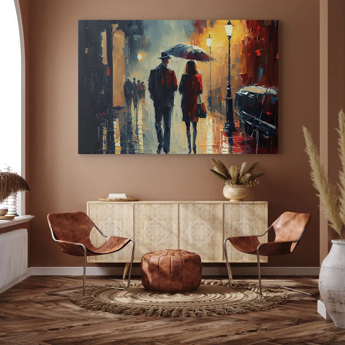 Schilderen op canvas - 's Nachts in de stad onder een paraplu door de regen lopen - 70x50cm - Stedelijk love strory - Moderne wanddecoratie voor woonkamer en slaapkamer ARTTOR