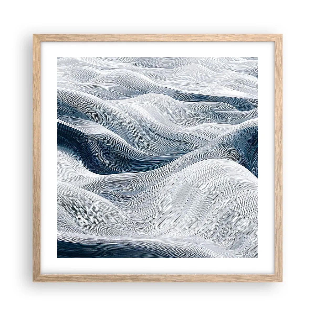 Een poster in een licht eiken lijst - Witte en blauwe golven - 50x50 cm