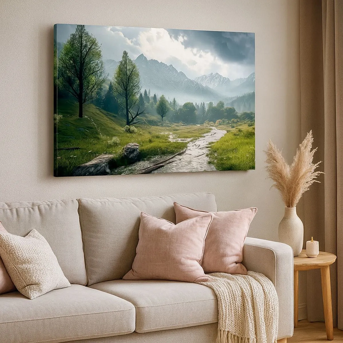 Schilderen op canvas - Een berglandschap met een rivier en bomen omgeven door mistige bergen - 70x50cm - Daarheen en terug - Moderne wanddecoratie voor woonkamer en slaapkamer ARTTOR