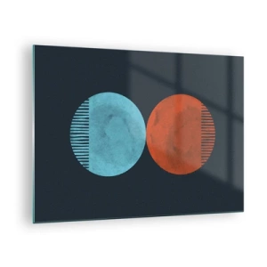 Schilderen op glas - Abstracte cirkels in blauw en oranje - 70x50cm - Alleen geometrie? - Moderne wanddecoratie voor woonkamer en slaapkamer ARTTOR