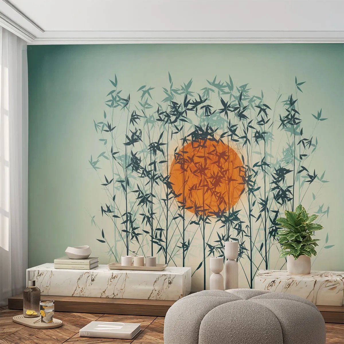 Fotobehang Premium Canvas - Japanse zon - Abstractie, Grafisch, Exotisme - 450x315 cm