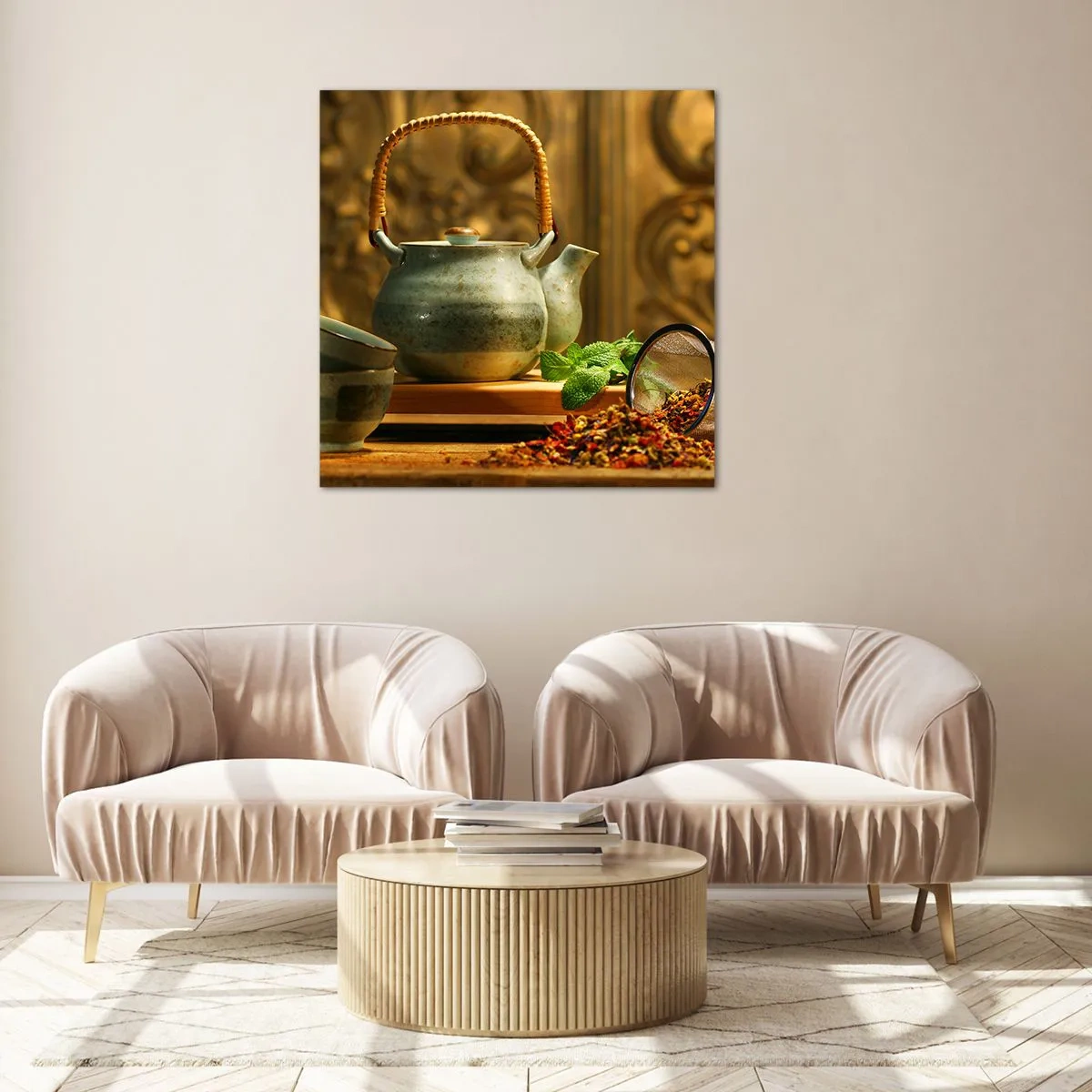 Schilderen op glas - Verhandeling over het drinken van thee - 60x60 cm