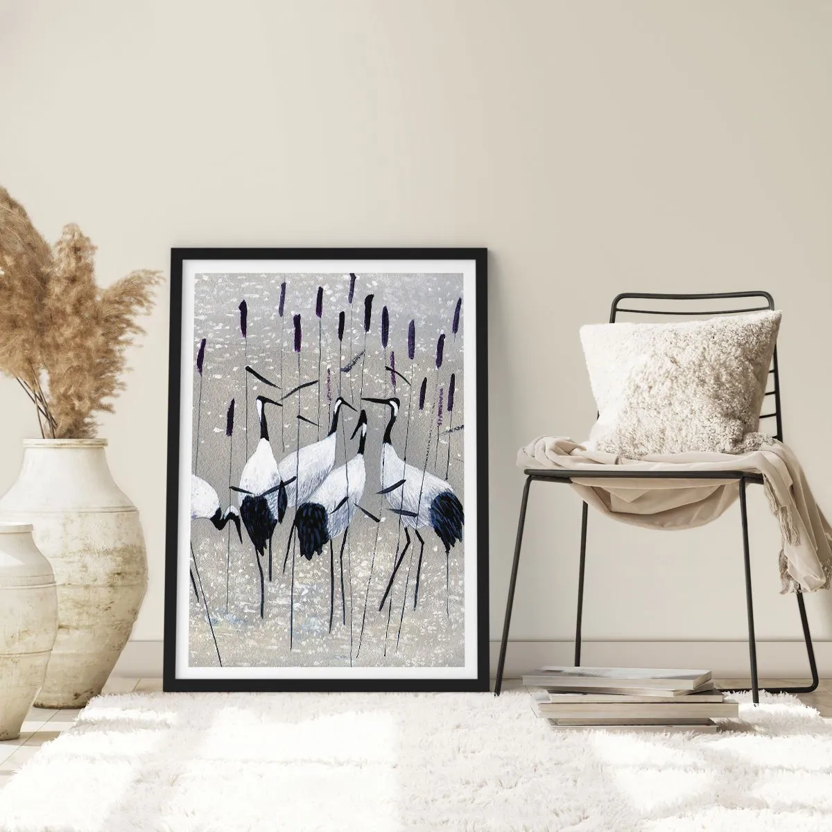 Poster in een zwarte lijst - De gratie van kranen in een subtiel landschap van gras en water - 50x70cm - Onder hun eigen - Moderne wanddecoratie voor woonkamer en slaapkamer ARTTOR