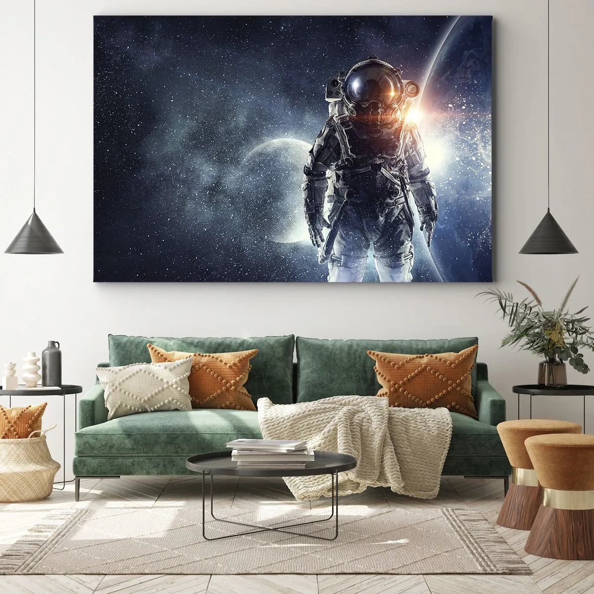 Schilderen op canvas - Astronaut tegen de achtergrond van de ruimte en planeet Aarde - 70x50cm - Ruimte avontuur - Moderne wanddecoratie voor woonkamer en slaapkamer ARTTOR
