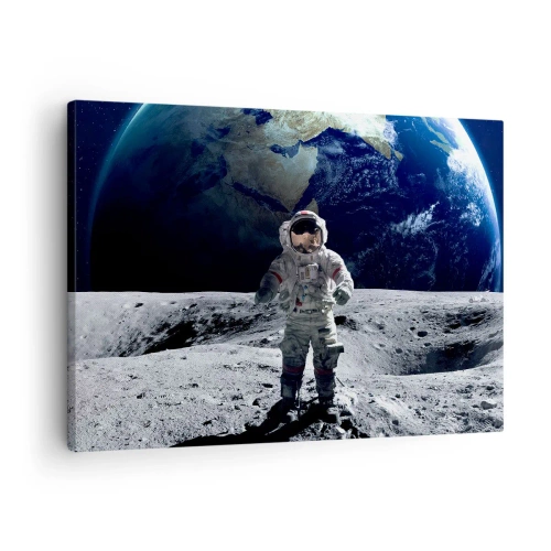 Schilderen op canvas - Astronaut op het maanoppervlak met de aarde op de achtergrond - 70x50cm - Groetjes van de maan - Moderne wanddecoratie voor woonkamer en slaapkamer ARTTOR