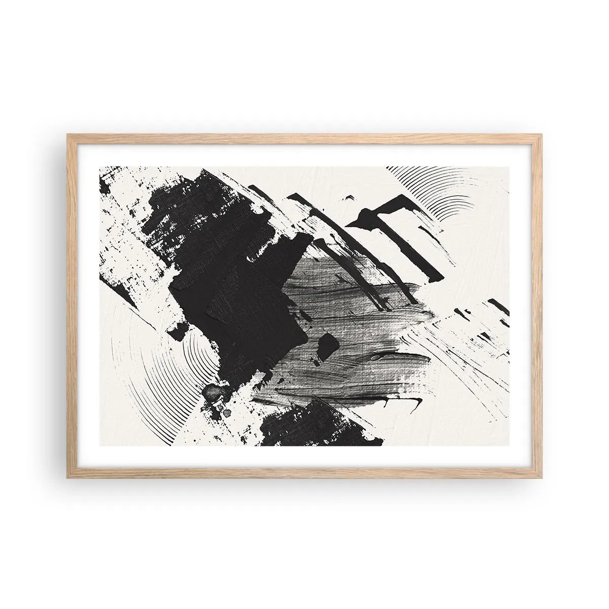 Een poster in een licht eiken lijst - Abstractie – expressie van zwart - 70x50 cm