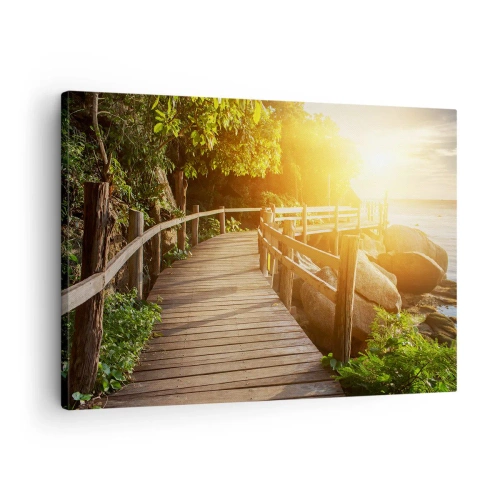 Schilderen op canvas - Een houten brug tussen het groen die in de zonnestralen naar de zee leidt - 70x50cm - Nog een beurt, nog een wonder - Moderne wanddecoratie voor woonkamer en slaapkamer ARTTOR