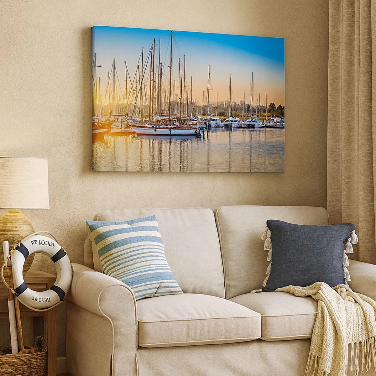 Schilderen op canvas - Zonsondergang boven een jachthaven vol zeilboten - 70x50cm - De wind moet ook slapen - Moderne wanddecoratie voor woonkamer en slaapkamer ARTTOR