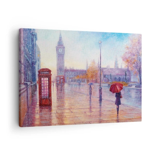 Schilderen op canvas - Londense straat met de Big Ben op een regenachtige dag - 70x50cm - Herfstdag in Londen - Moderne wanddecoratie voor woonkamer en slaapkamer ARTTOR