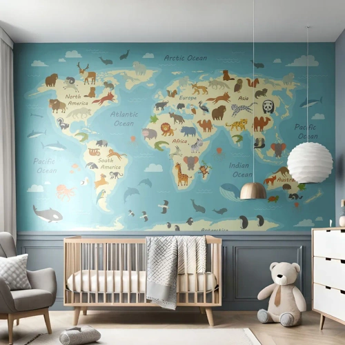 Fotobehang Premium Sand - Goede buren - Wereldkaart, Kaart Met Dieren, Dieren - 100x70 cm