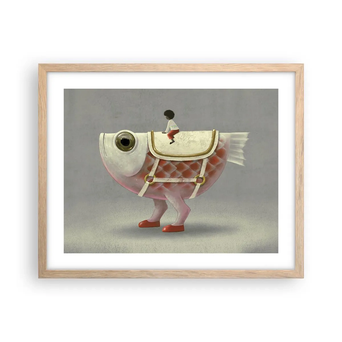 Een poster in een licht eiken lijst - Ruiter op een surrealistische vis - 50x40 cm