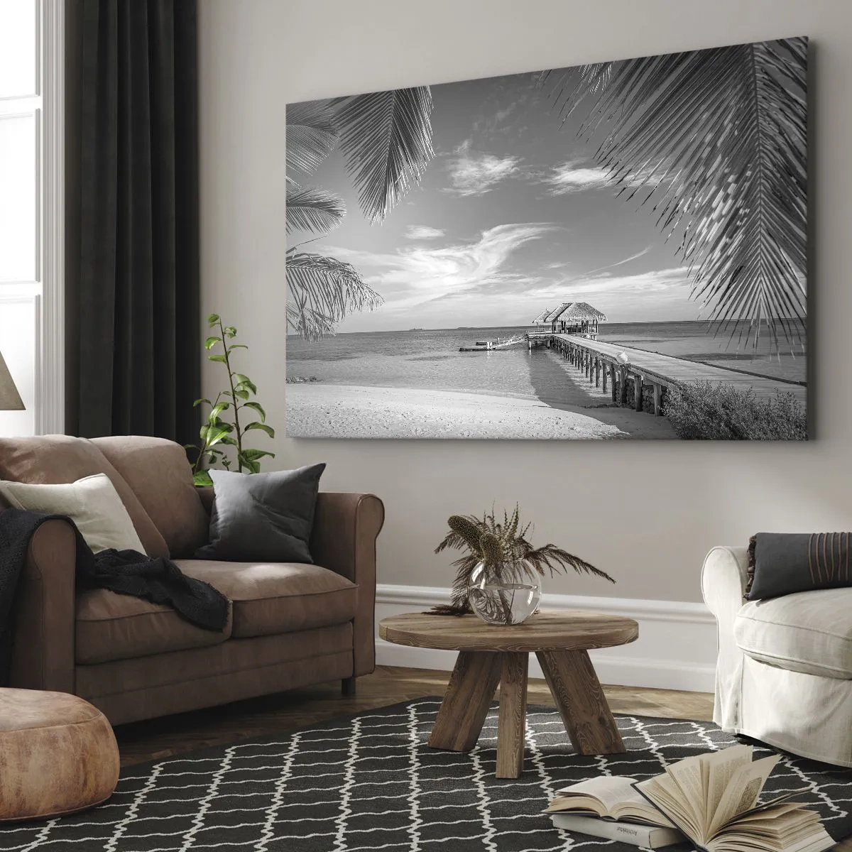 Schilderen op canvas - Zwart-wit strand met pier en palmbomen aan een tropische kust - 70x50cm - Herinnering of droom? - Moderne wanddecoratie voor woonkamer en slaapkamer ARTTOR