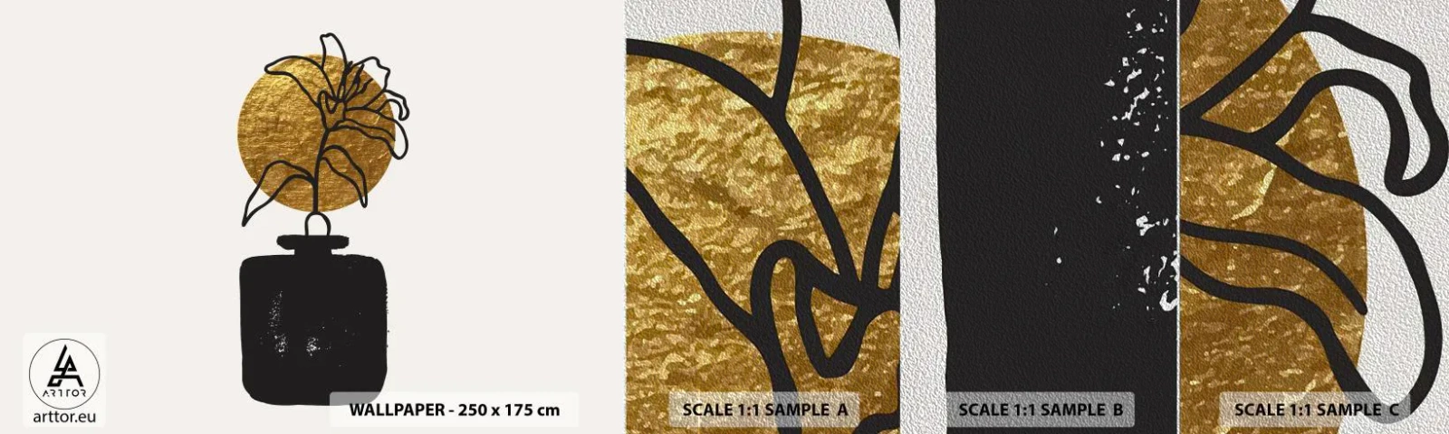 Fotobehang Monster Premium Sand - Schoonheid is goud waard - Vaas, Bloemen, Minimalisme - 100x30 cm