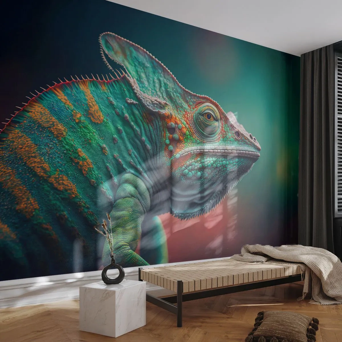 Fotobehang Standard Eco - Jij ziet mij? Niet goed… - Kameleon, Dieren, Reptiel - 450x315 cm