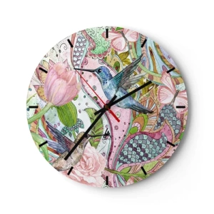 Wandklok - Klok - Kleurrijke kolibries en bloemen tegen een achtergrond van artistieke patronen - 30x30cm - Verstrikt in wijnstokken - Moderne wanddecoratie voor woonkamer, keuken en slaapkamer ARTTOR