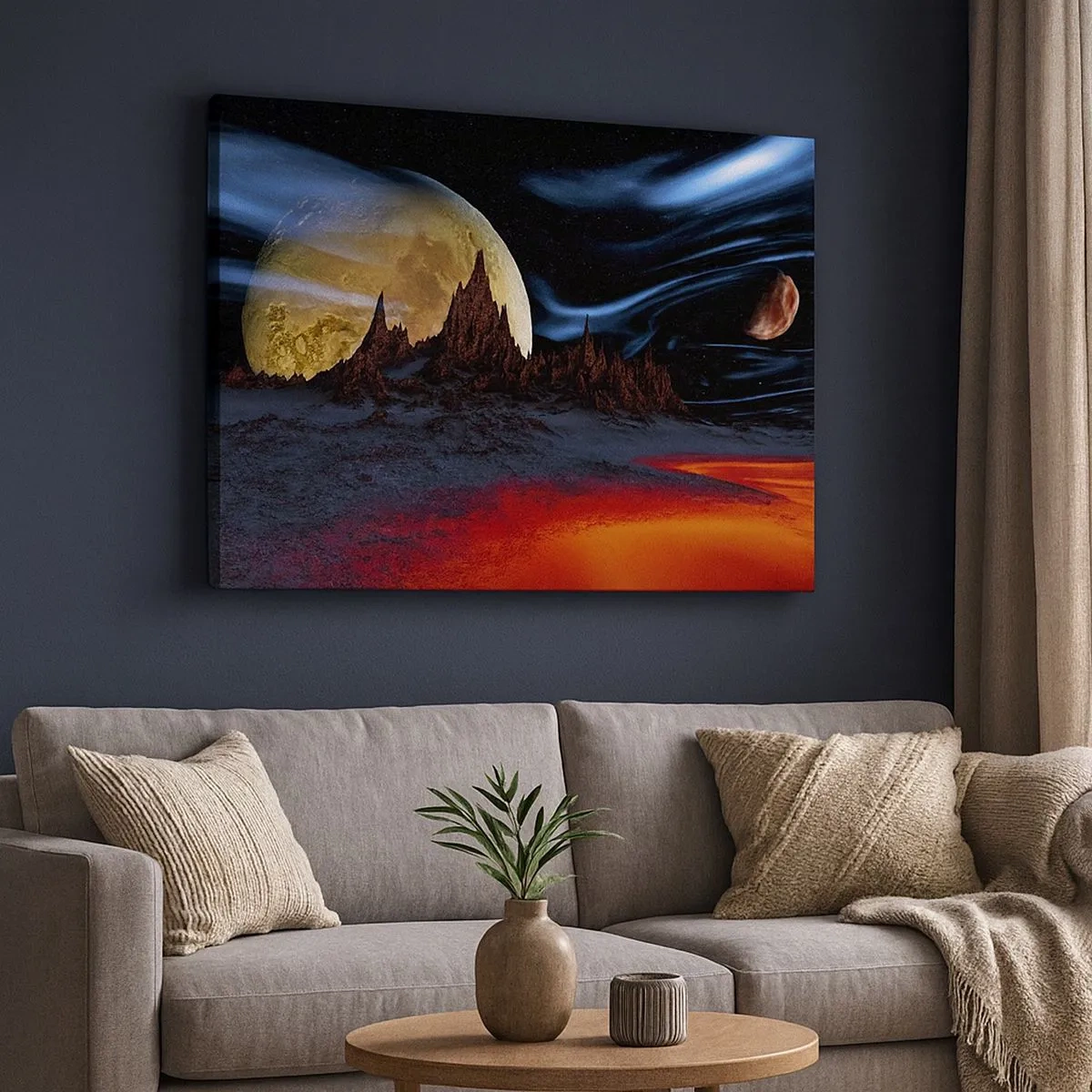Schilderen op canvas - Een fantastisch landschap met planeten en vulkanisch landschap - 70x50cm - Onbekende wereld - Moderne wanddecoratie voor woonkamer en slaapkamer ARTTOR