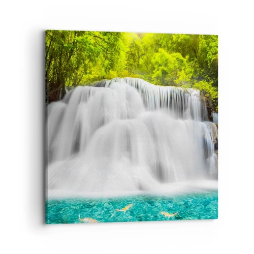 Schilderen op canvas - Een schuimige waterval van groen naar azuurblauw - 70x70 cm