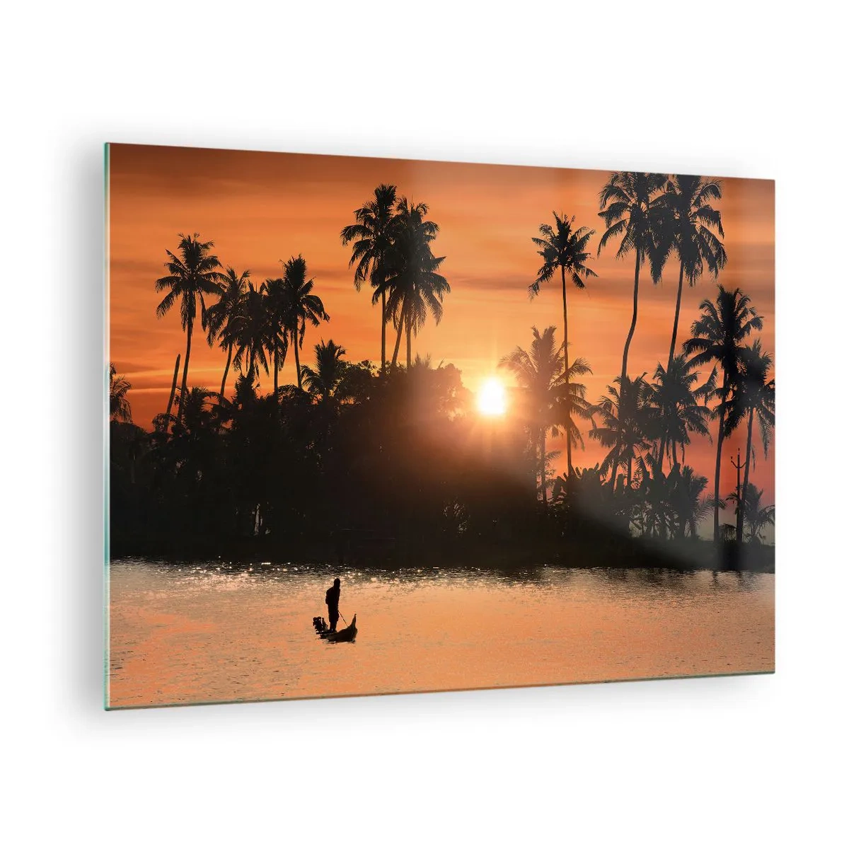 Schilderen op glas - Tropisch landschap met palmbomen en zonsondergang over de rivier - 70x50cm - Tijd om te ontspannen - Moderne wanddecoratie voor woonkamer en slaapkamer ARTTOR
