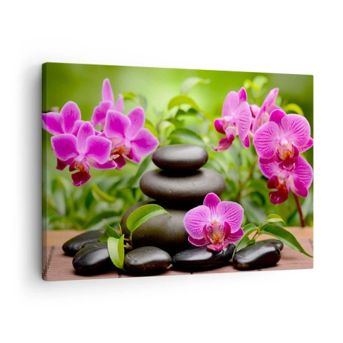 Schilderen op canvas - Roze orchideeën met stenen op een groene achtergrond - 70x50cm - De piramide van vrede - Moderne wanddecoratie voor woonkamer en slaapkamer ARTTOR