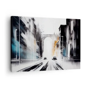 Schilderen op canvas - Abstract stadsgezicht met boogbrug - 70x50cm - Stadsstudie: architectuur en beweging - Moderne wanddecoratie voor woonkamer en slaapkamer ARTTOR