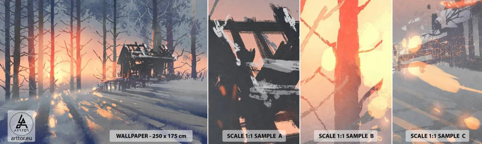 Fotobehang Monster Zelfklevend Deluxe Sticker - Alleen de zon kijkt hier naar binnen - Landschap, Boshuisje, Woud - 100x30 cm