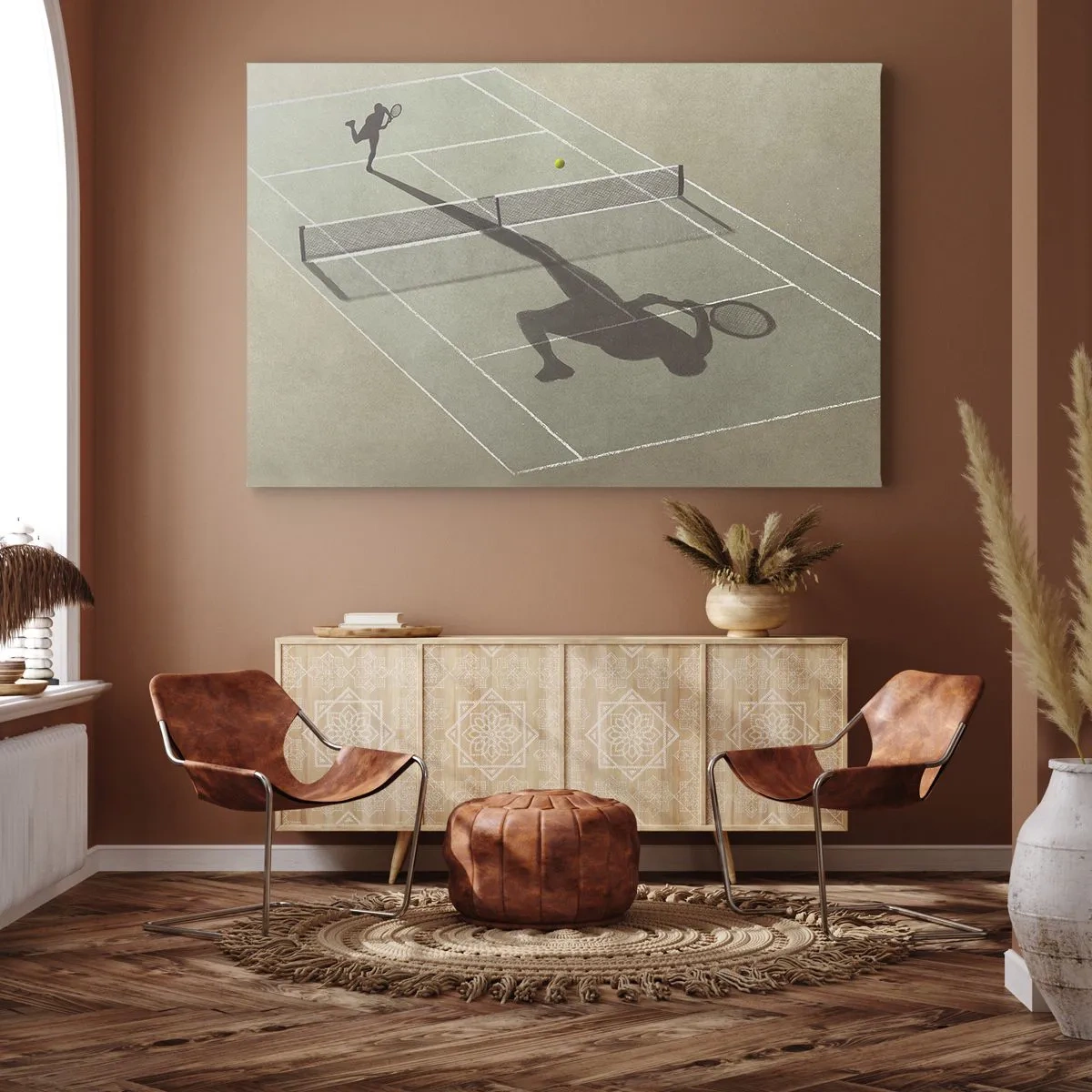 Schilderen op canvas - De schaduw van een tennisser op de baan tijdens een tenniswedstrijd - 70x50cm - Jezelf overwinnen - Moderne wanddecoratie voor woonkamer en slaapkamer ARTTOR