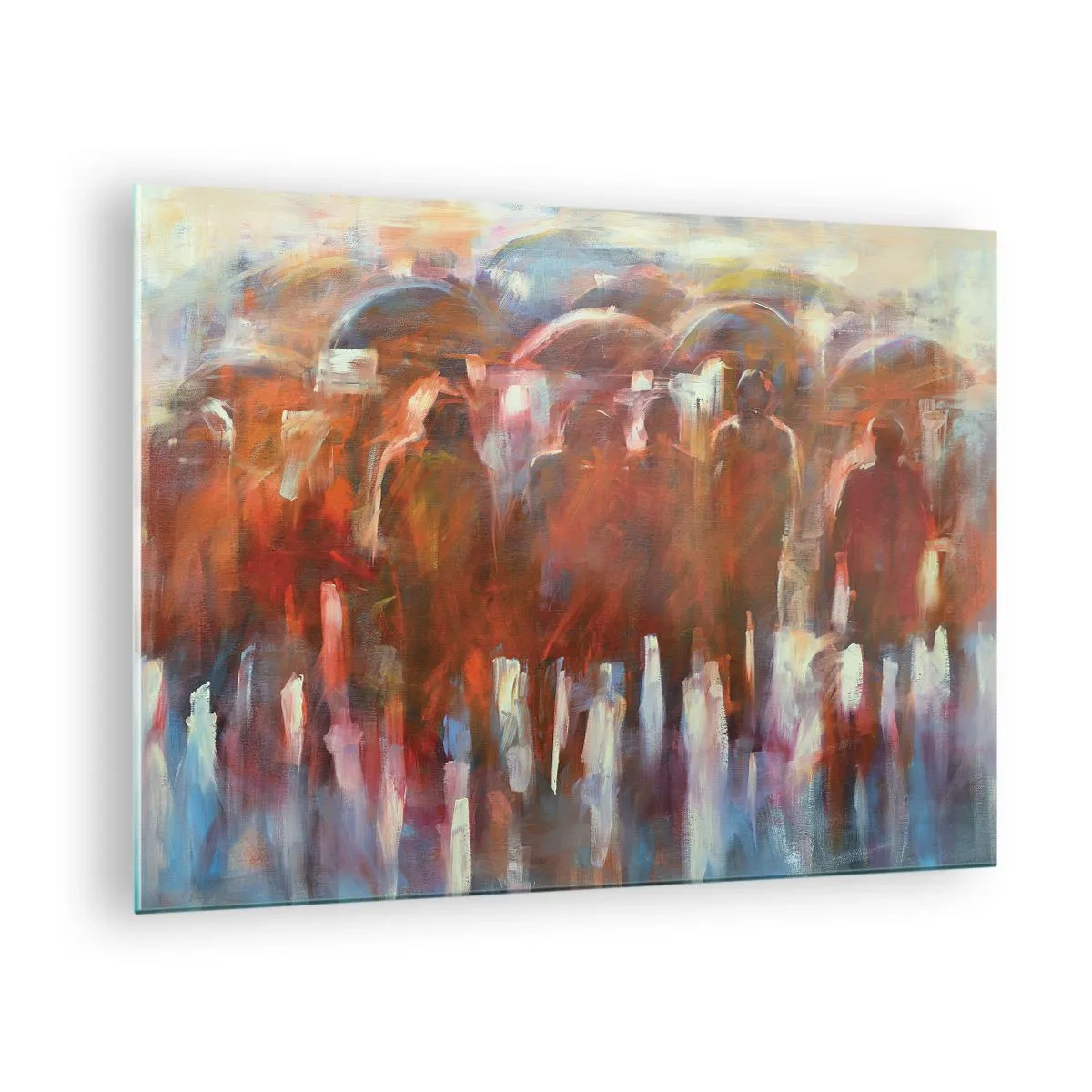 Schilderen op glas - Een groep mensen met paraplu's in een artistieke abstractie - 70x50cm - Zelfs bij regen en mist - Moderne wanddecoratie voor woonkamer en slaapkamer ARTTOR
